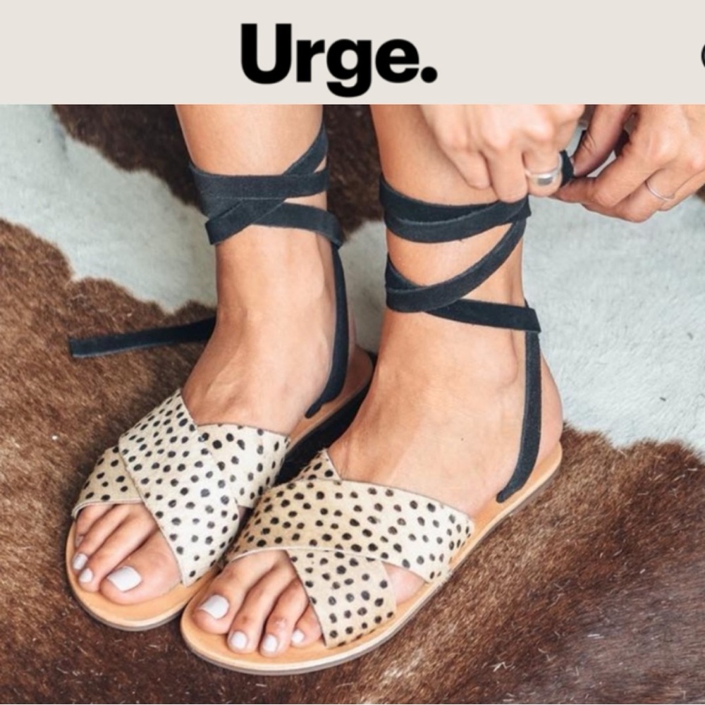 URGE ROXY CALF HAIR CHEETAH PRINT BLACK LACE UP SANDALS ANKLE WRAP FLAT